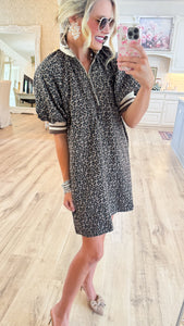 Mocha Leopard Print Raglan Puff Sleeve Mini Dress