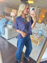 Navy and Rust Polka Dot Ruffle Hem Top