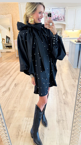 Black Pearl Embellished Balloon Sleeve Mini Dress