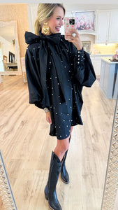 Black Pearl Embellished Balloon Sleeve Mini Dress