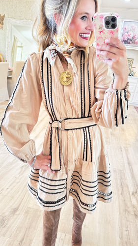 Tan and Black Long Sleeve Lace Trim Dress