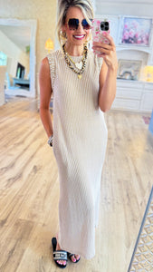 Khaki and Cream Stripe Sleeveless Dress