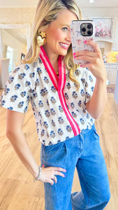 THML White and Blue Flower Print Top