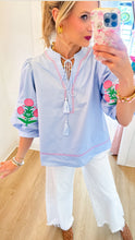 Powder Blue Embroidered Peasant Top