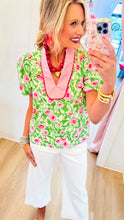 Green and Pink Floral Puff Sleeve Top