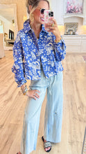 Blue Denim Western Print Cropped Jacket