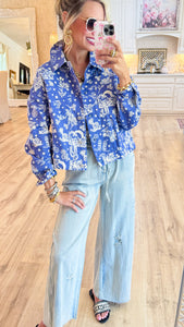 Blue Denim Western Print Cropped Jacket