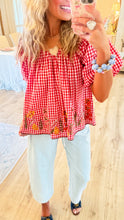 Ivy Jane Red Gingham Floral Puff Sleeve Top