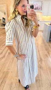 Taupe Stripe Ruffle Collar Dress