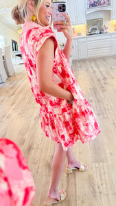 Red and Pink Abstract Button Up Dress
