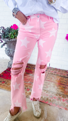 Risen Pink High Rise Star Printed Jeans
