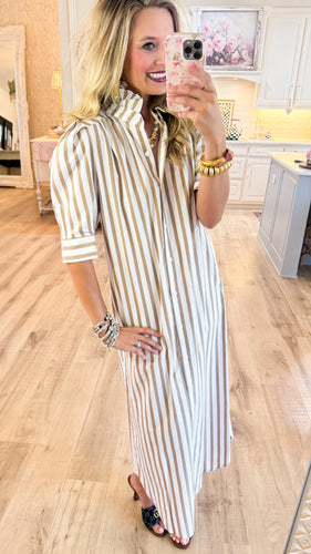 Taupe Stripe Ruffle Collar Dress