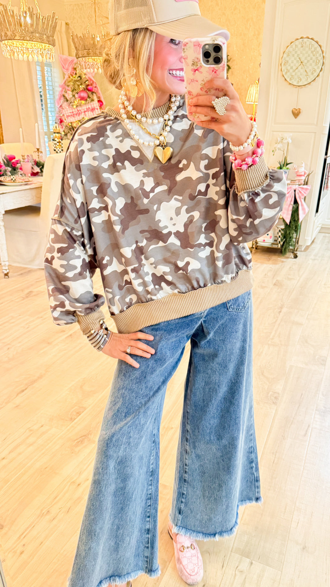 Khaki Camo and Ribbed Contrast Top