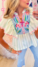 THML Green Embroidered Flutter Sleeve Top