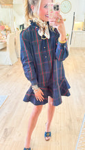 Navy Green Multi Plaid Ruffle Collar Mini Dress