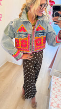 Cropped Pink and Orange Embroidered Denim Jacket