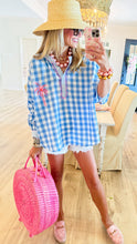 Blue Gingham Palm Tree Embroidered Top