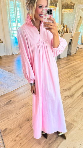 Pink High Ruffle Neck Midi Dress