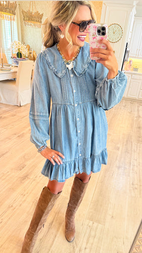 Denim Peter Pan Collar Pintuck Dress
