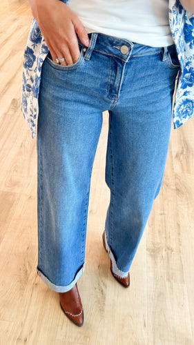 Risen Low Rise Wide Leg Cuffed Jeans