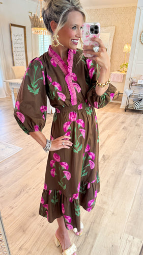 Brown Mix Floral Ruffle Trim Midi Dress