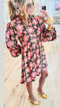 Pink and Navy Balloon Sleeves Floral Babydoll Dress