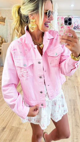 Pink Floral and Bow Patch Denim Jacket