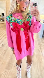 Queen of Sparkle Pink Oversized Wreath and Bow Sweater