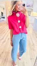 Fuchsia Pearl Flower Button Short Sleeve Top