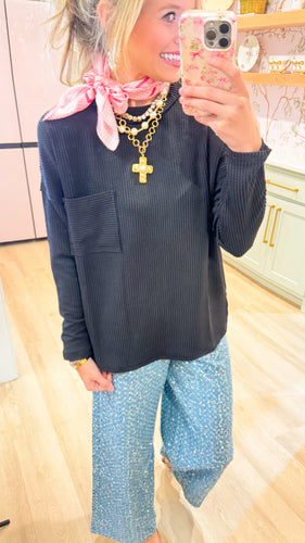 Black Ribbed Long Sleeve Drop Shoulder Top