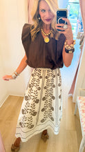 Cream and Brown Floral Embroidered Midi Skirt