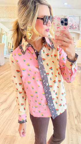 Pink Multi Colorblock Ruffle Collared Top