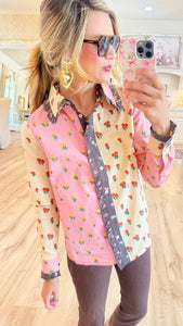 Pink Multi Colorblock Ruffle Collared Top