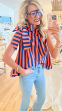 Navy and Orange Stripe Ruffle Neck Top