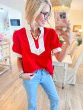 Red Polka Dot Contrast Puff Sleeve Top