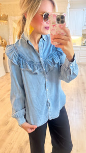 Denim Ruffle Button Up Top
