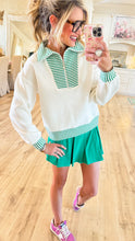 Green and Off White Stripe Zip Up Top