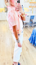Pale Pink Floral Embroidered Puff Sleeve Top