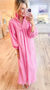 Pink Seersucker Gingham Midi Dress