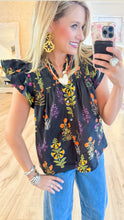 Black Flower Print Flutter Sleeve Top