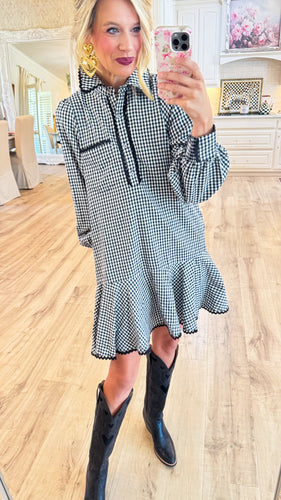 Black Gingham Scallop Trim Mini Dress