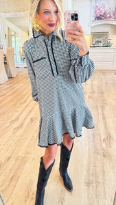 Black Gingham Scallop Trim Mini Dress