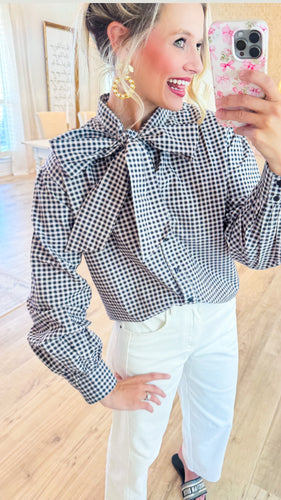 Black Gingham Bow Button Up Top
