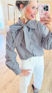 Black Gingham Bow Button Up Top