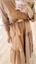 Camel Pinstripe Collared Midi Dress