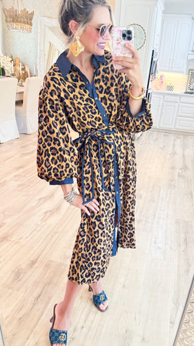 Leopard Contrast Button Down Midi Dress