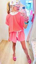 Red and Pink Stripe Short Sleeve Mockneck Short Set