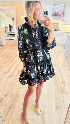 Black Multi-Floral Print Ruffle Hem Mini Dress