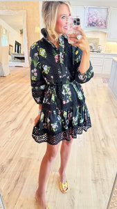 Black Multi-Floral Print Ruffle Hem Mini Dress