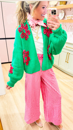 Green and Pink Flower Knit Cardigan